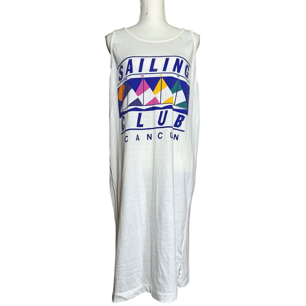 Vintage Sailing Club Cancun Graphic Dress White‎ Sleeveless Large L 90s